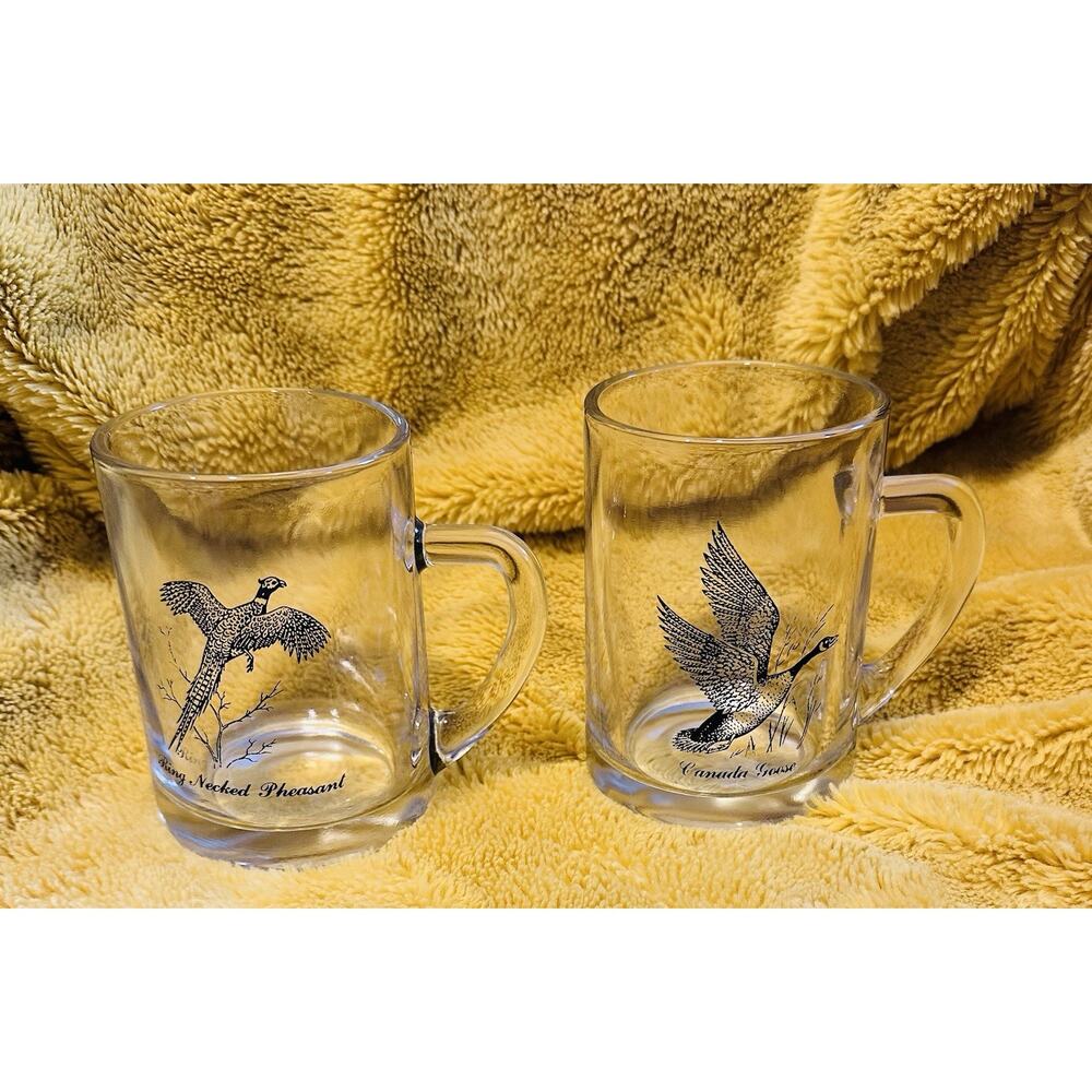 Federal Glass Game Bird Clear Set Of 2 Glasses 12oz Mugs Vtg 70’s Collectible